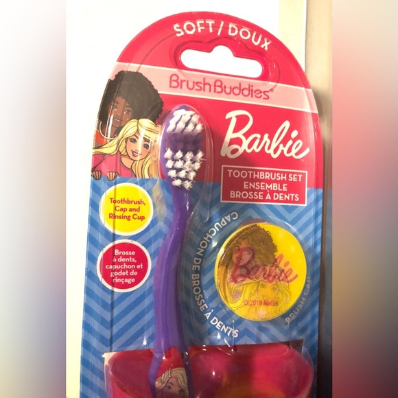 Barbie 3pc brush buddies soft ergonomic toothbrush cap and rinsing cup set new - Picture 6 of 14